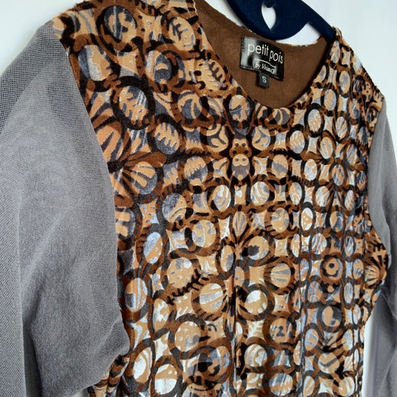 Petit Pois by Viviana G Mesh Stretch Velour Pullover Brown Gray Top - Picture 3 of 4